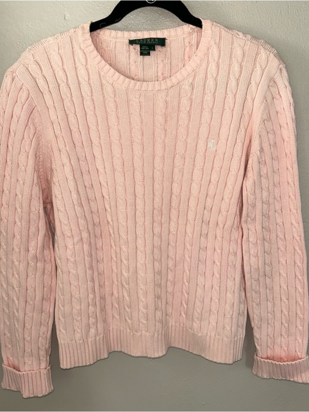 Lauren And Ralph Lauren Light Pink Cable Knit Crewneck Rll Embroidered Sweater